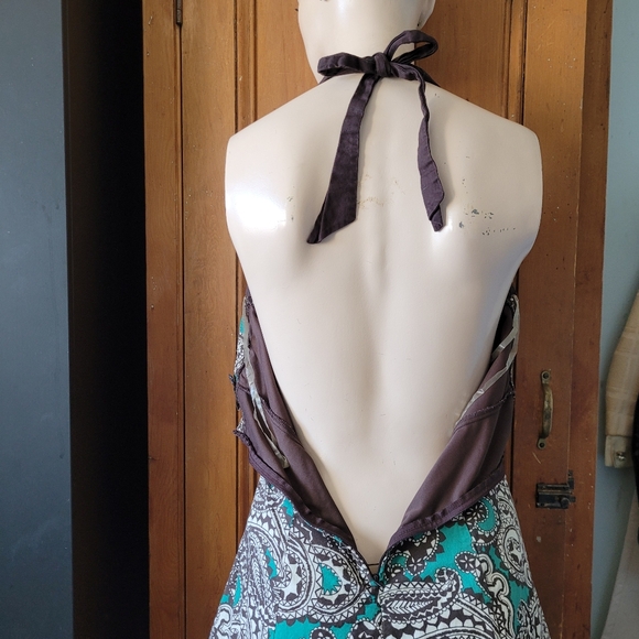 Y2K Whimsigoth Paisley Halter Dress With Tulle Hem Teal And Brown Medium - Picture 9 of 15